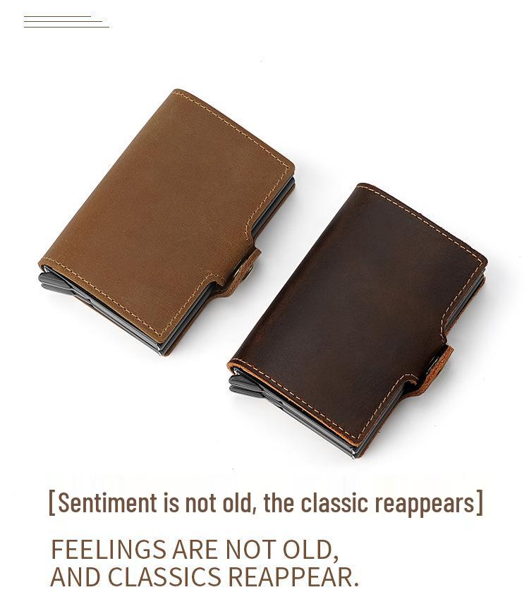 Vintage 2025 Men's Double-Layer Crazy Horse Leather Card Holder with Push-Button Pop-Up and Aluminum Clip