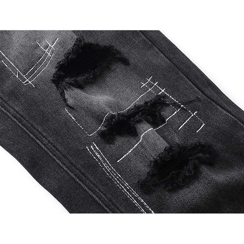 Men's Black Washed Distressed Straight Leg Jeans, Ripped Patchwork Denim Pants