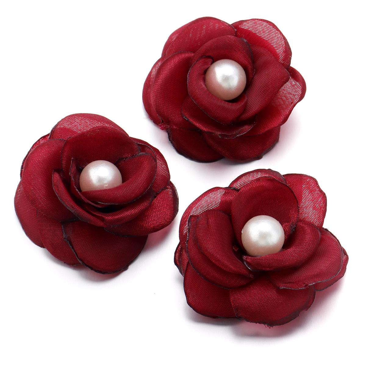 

3pcs 5cm Mesh Fabric Flower Burned Edge Pearl Camellia Artificial Flowers For DIY Wedding Party Clothing Headwear Wreath Decor вина червоного кольору