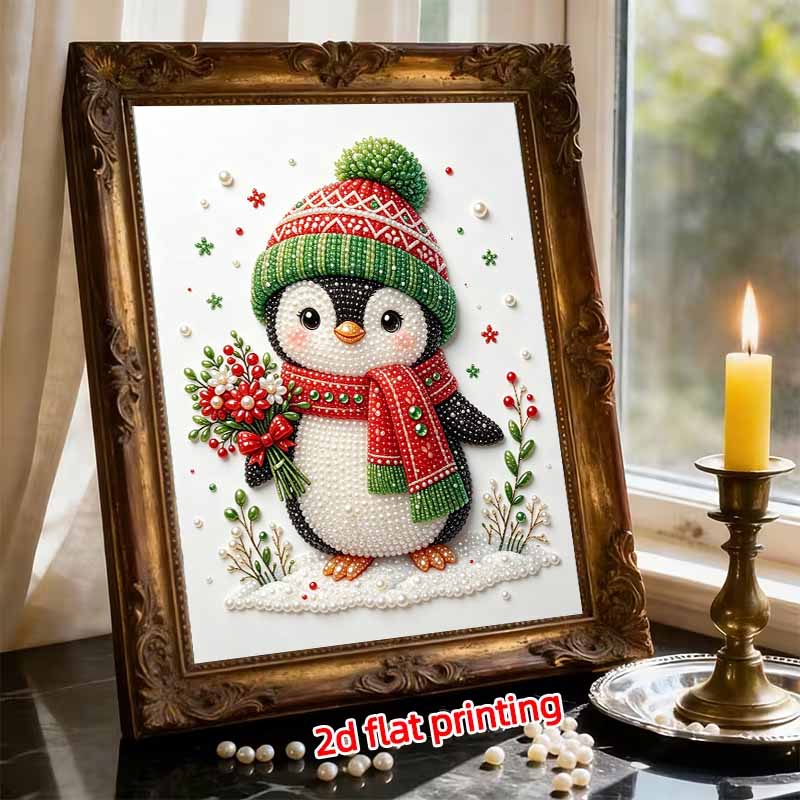 Frameless Pearl Painting Kit Cute Penguin Aesthetic Wall Art DIY Sparkling Bead Canvas Room Decor Creative Craft Christmas Holiday Gift