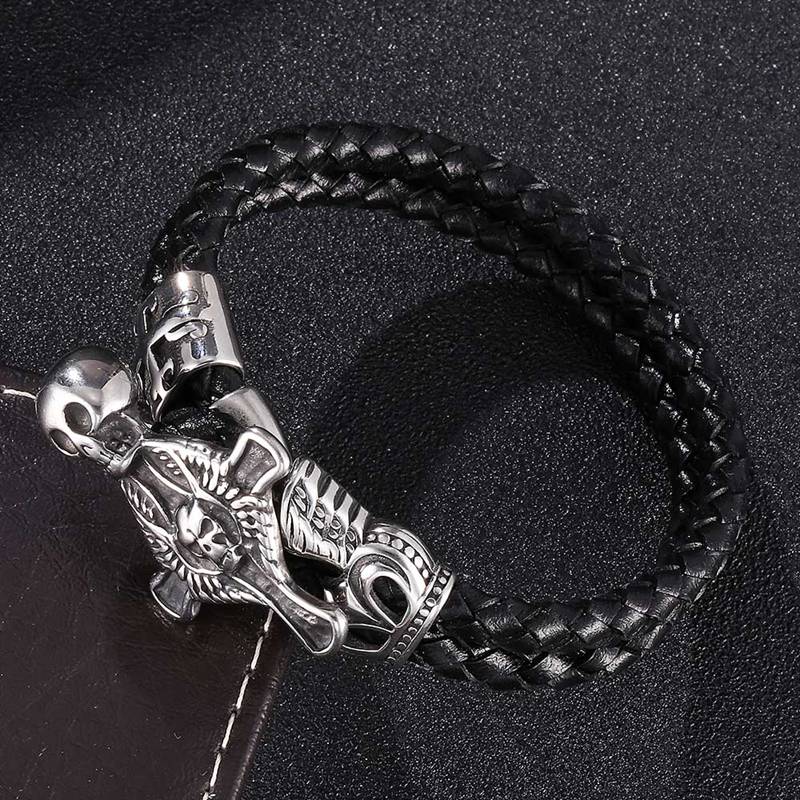 Punk Jewelry Stainless Steel Skull Cross Bracelet Men Double Braided Leather Bracelet Rock Male Wrist Band Gifts