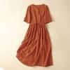 Women Cotton Linen Dress Short Sleeve V Neck Buttons Tie Waist Midi Dress Summer Casual Boho A-Line Flowy Dress