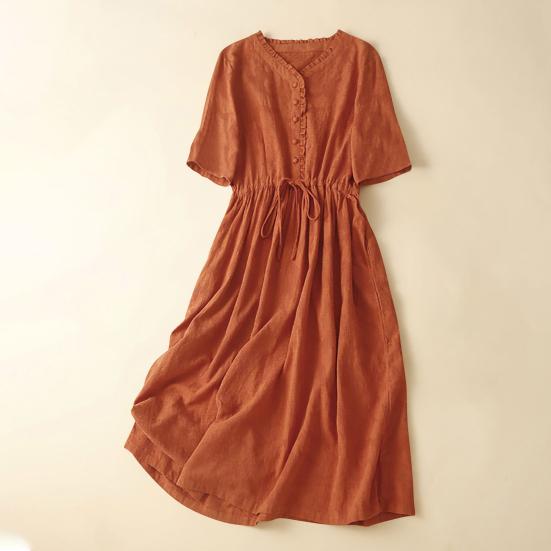 Women Cotton Linen Dress Short Sleeve V Neck Buttons Tie Waist Midi Dress Summer Casual Boho A-Line Flowy Dress