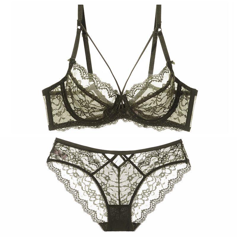 Sexy French Lace Underwear Women's Gathering Front Cross Adjustment Thin Large Breast Small Large Size Bra Set