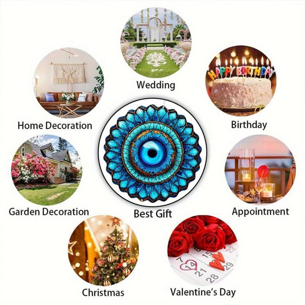 Kinetic Metal Evil Eye Wind Spinner - Intricate Blue & Turquoise Stained Glass Design - Versatile Indoor/Outdoor Art for Garden, Patio