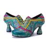 Johnature Genuine Leather Pumps Handmade Splicing Printed Color Contrasting Fashion Women's High Heels
