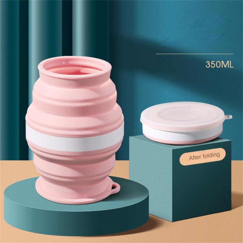 Lightweight To Carry Silicone Cup Foldable Travel Mug Heat Resistant Collapsible Water Cups with Lid Chain for Outdoor Activity Camping Drinking