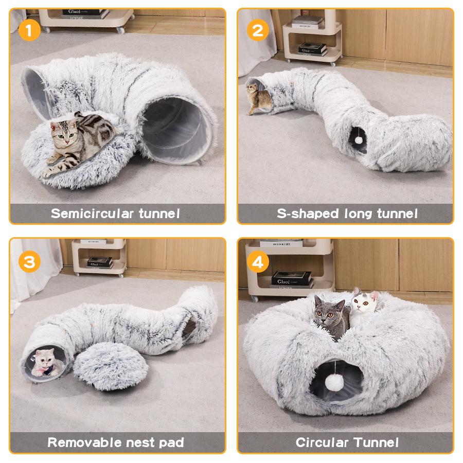 Plush Winter Cat Tunnel Bed - Warm, Foldable Pet Nest