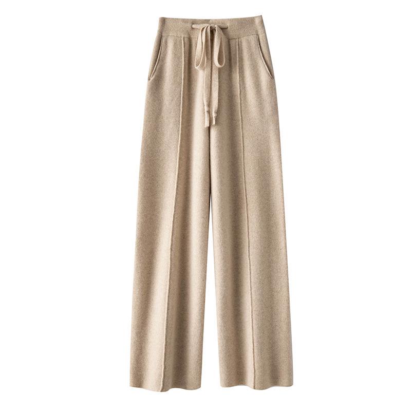 

Женские шерстяные трикотажные брюки с высокой посадкой и широкими штанинами с карманами - Осень/Зима, длина до пола, повседневный драпированный стиль S