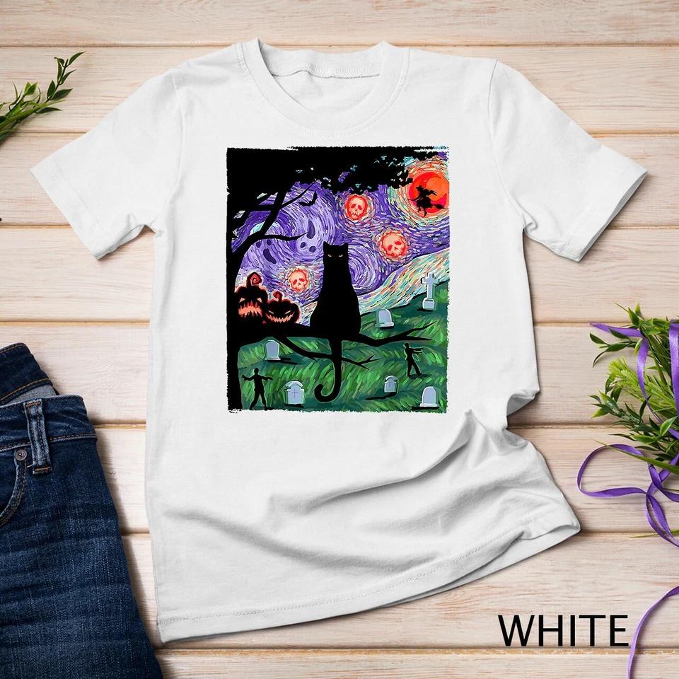Scary Night Cat Van Gogh- Cat Black Halloween Pumpkin Art T-Shirt Unisex T-shirt 7 3XL
