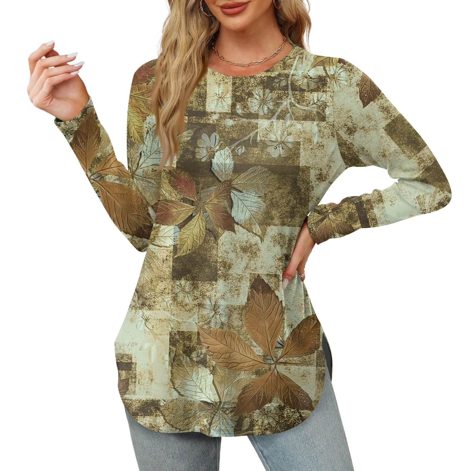 

Женские рубашки с длинным рукавом и круглым вырезом, базовые свободные туники с боковым разрезом, повседневные рубашки с цветочным принтом армия зеленый