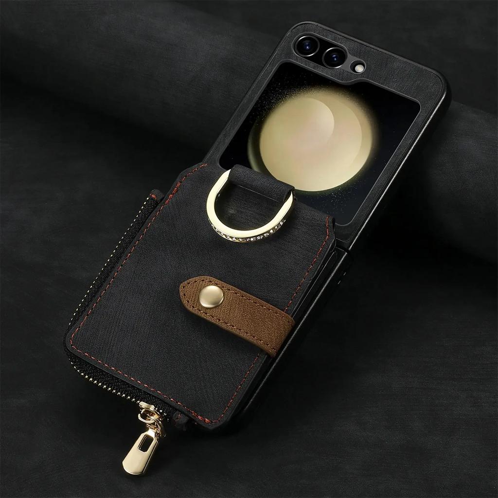 Zipper Cards Solt Purse Ring Holder Vintage Leather Wallet Case for Samsung Galaxy Z Flip 7 FE 6 5 4 5G Flip5 Bag Stand Cover