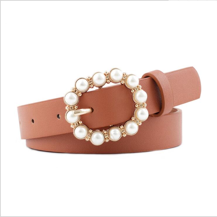 Pearl Oval Buckle Women's Belt Fashionable Simple Wild Inlaid Rhinestone Light Body Belt