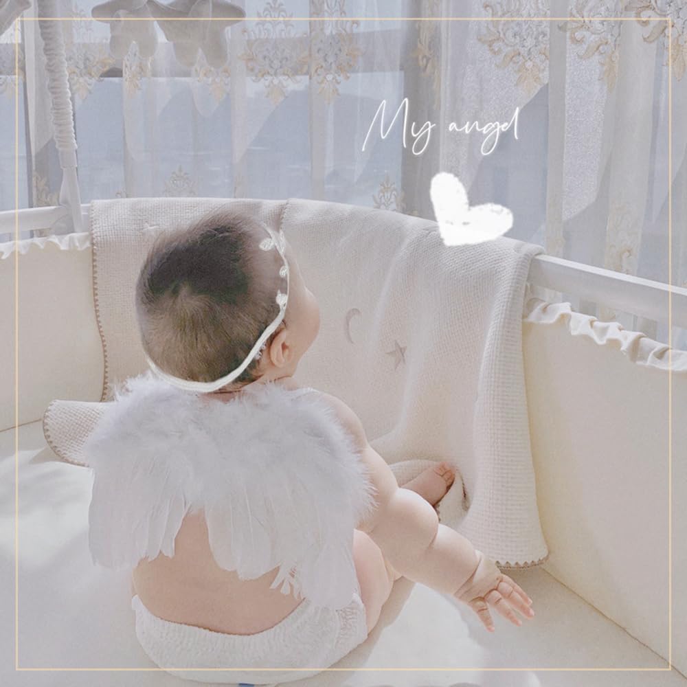 LIKENNY Asas de Anjo, Bebê de Meio Aniversário Recém-nascido, Fantasia de Anjo Fofa, Arte de Dormir, Faixa de Cabeça, Conjunto de Anjo, Adereço para Foto de Recém-nascido, Sessão de Fotos de Palco (Branco)