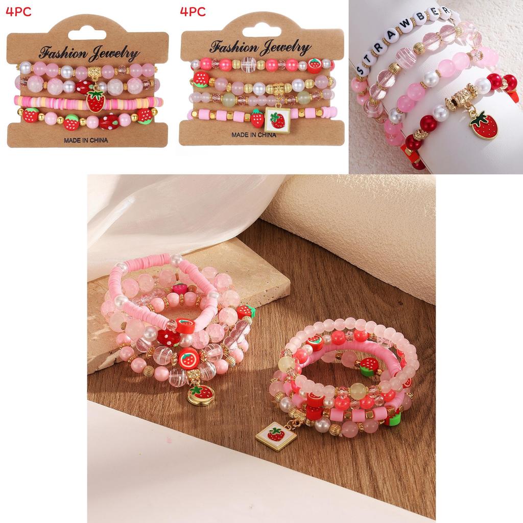 Strawberry Pendant Beaded Bracelet Set With Crystal Glass For Womens Fashion Accessories