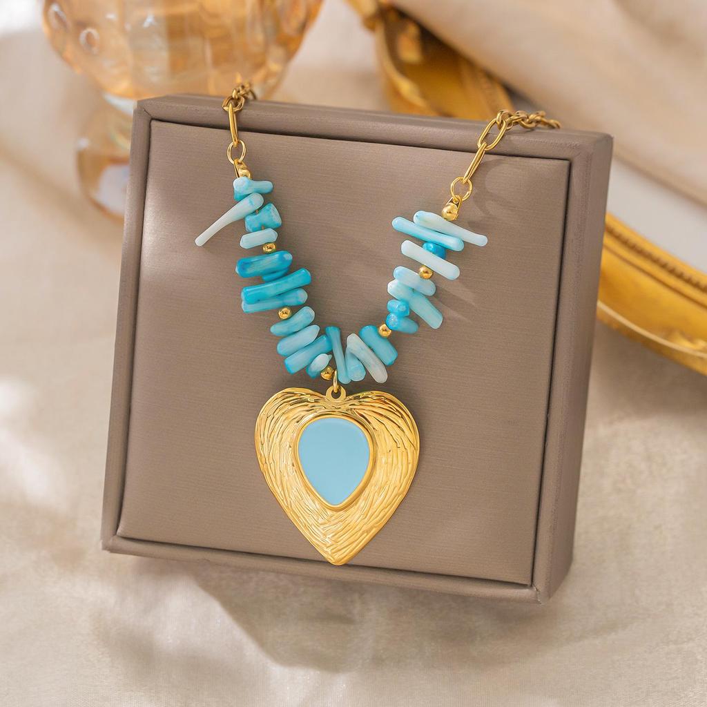 Gold-Plated Heart Pendant Necklace with Blue Coral Branch Chain