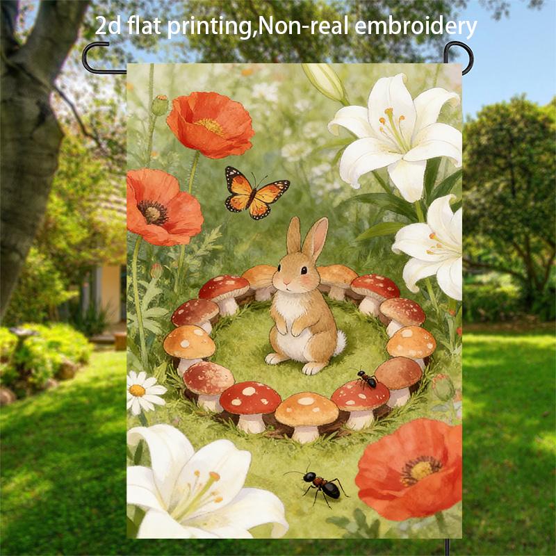 2D Flat, 1pc, 2D Flat Printing, Cute Rabbit and Mushroom Garden Flag, Polyester Material, Multiple Sizes, Machine Washable and Durable for Outdoor Use
