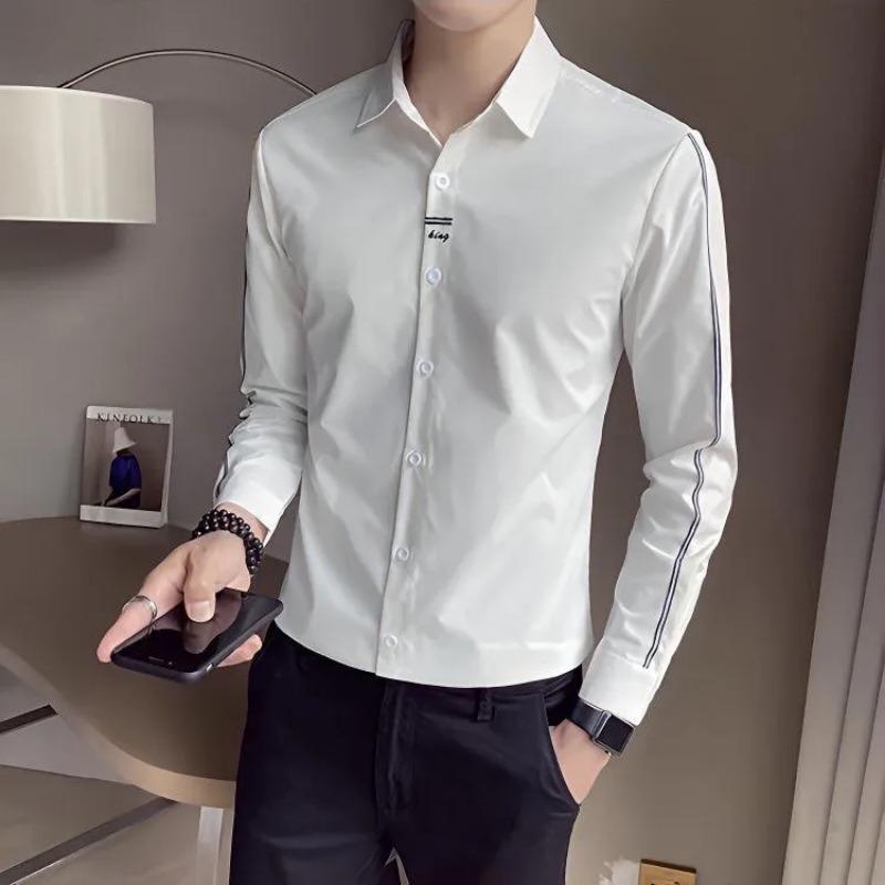Men's Slim Fit Black Long Sleeve Shirt with Side Stripes Casual Business Formal Shirt