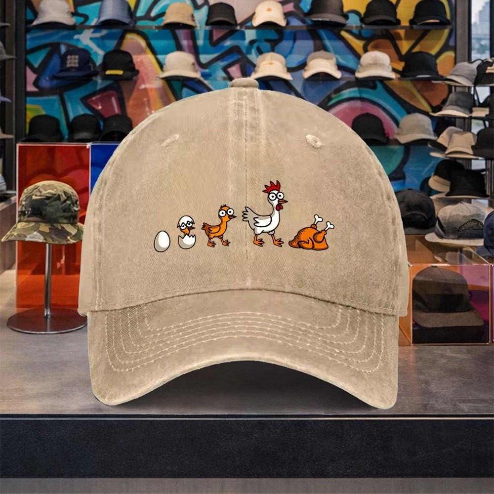 Cartoon Chicken Evolution Baseball Cap Washed Denim Adjustable Outdoor Casual Retro Hat