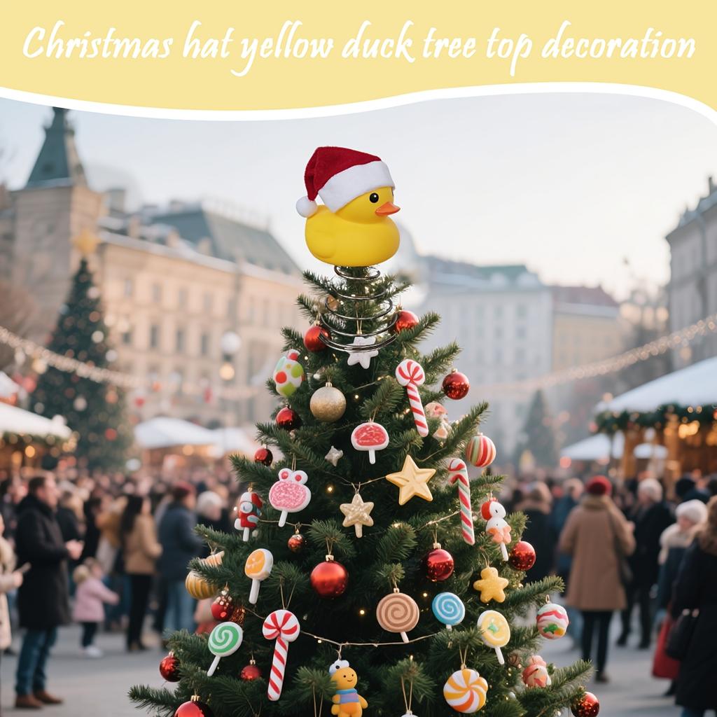 Christmas Tree Topper Decoration Cute Yellow Duck with Santa Hat Spring Christmas Home Ornament for Xmas Party
