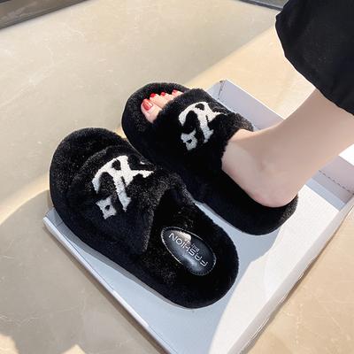 Internet Celebrity Popular Fluffy Slippers Women's Autumn and Winter Wear Velvet 2025 New Xiaoxiangfeng Thick Bottom Trendy Brand Cotton Slippers