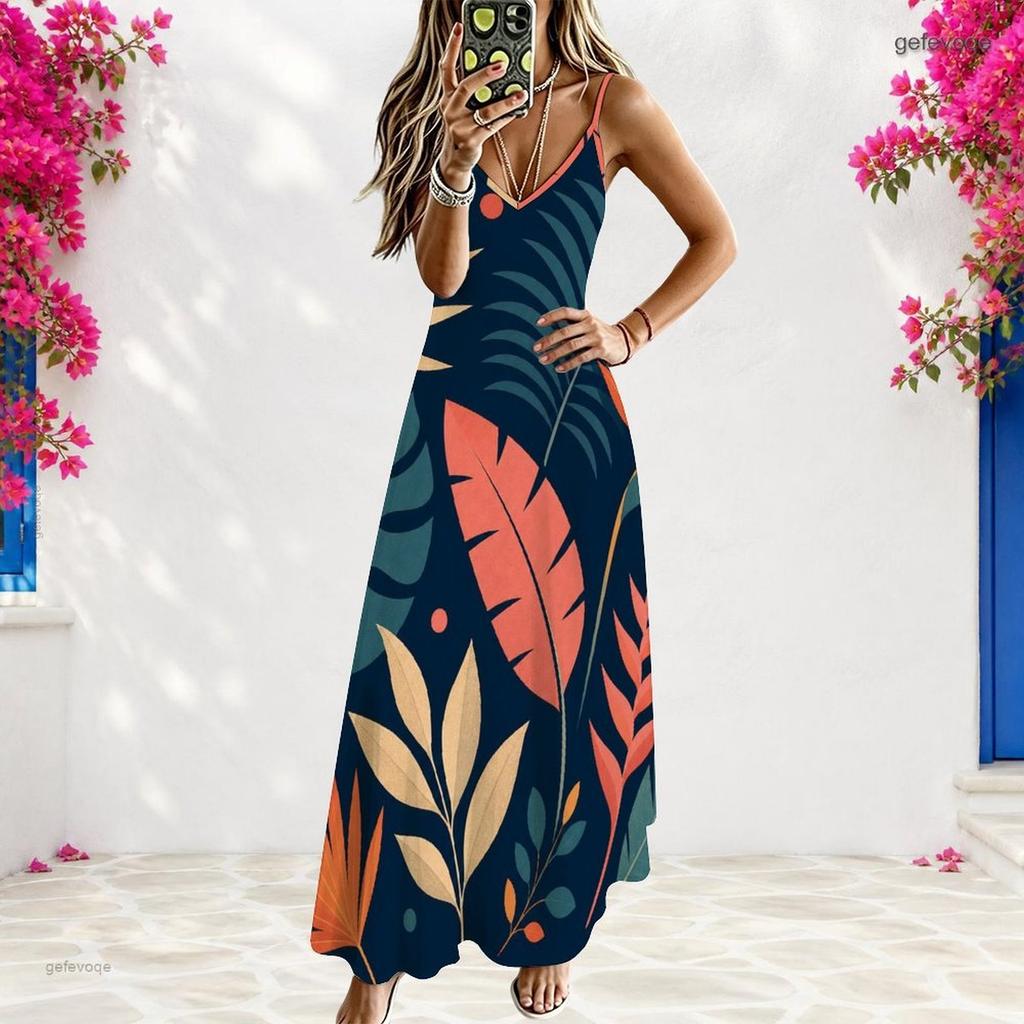 Women Plus Size V Neck Strappy Sleeveless Tropical Leaf Printed A Line Long Dress