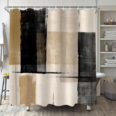 Abstract Simple Modern Shower Curtain Set Dark Brown Neutral Modern Brushstroke Art Waterproof Bathroom Curtain With Hook