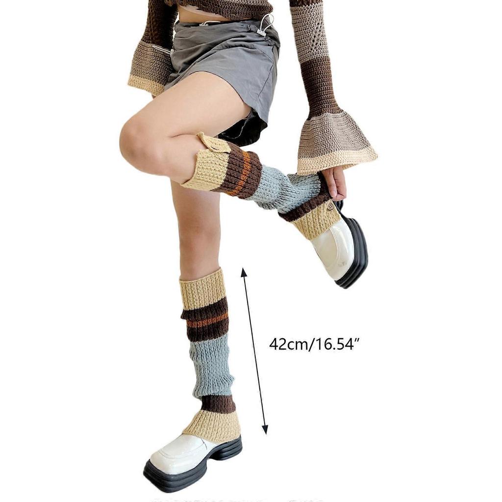 Button Design Leg Warmers College Student Women Girls Ribbed Knitted Calf Socks Contrast Color Striped Foot Covers  Coffee