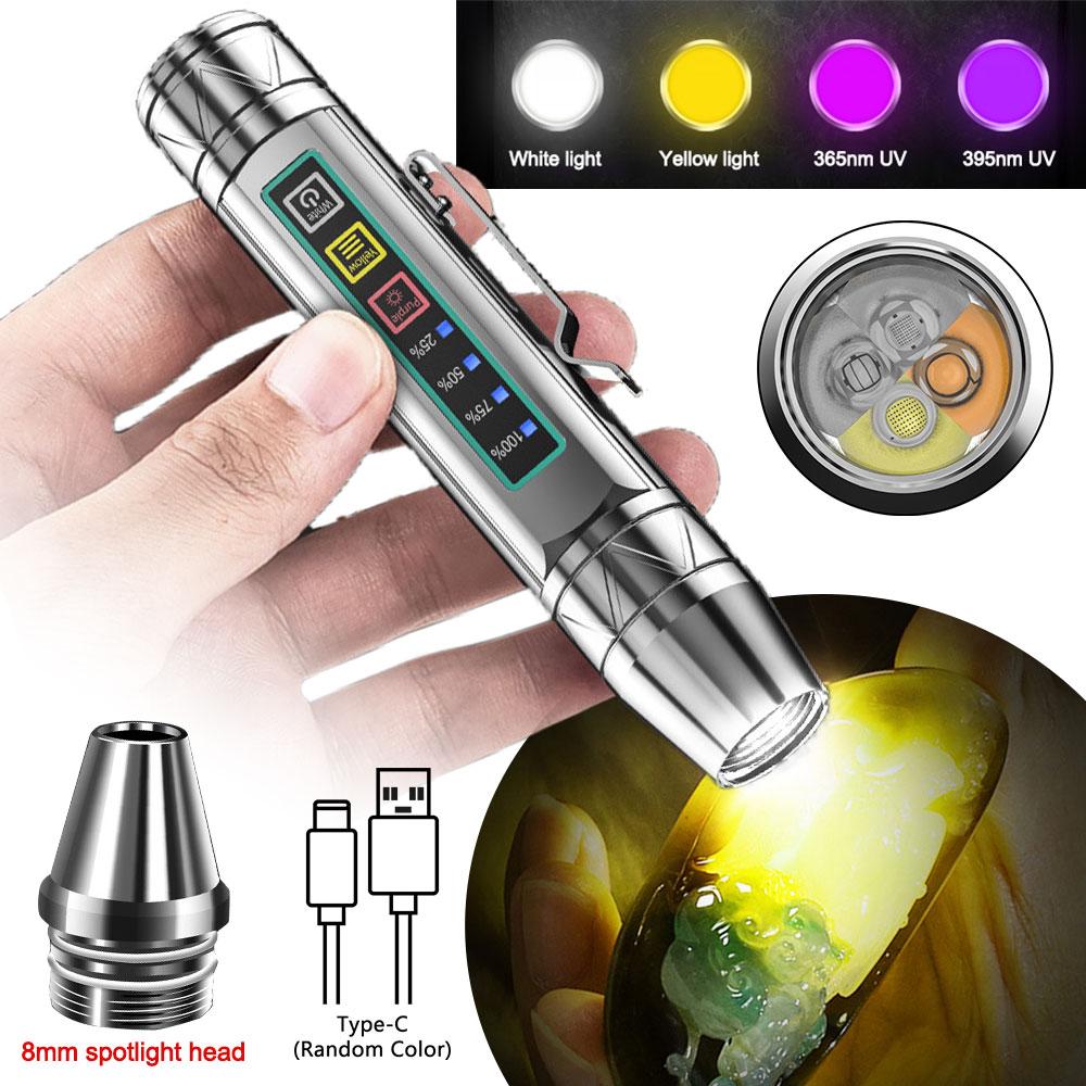 4 LED Light Sources Flashlight 365nm+395nm+Yellow+White USB Rechargeable Money Pet Urine Ore Cat Fluorescent Marker Check Light
