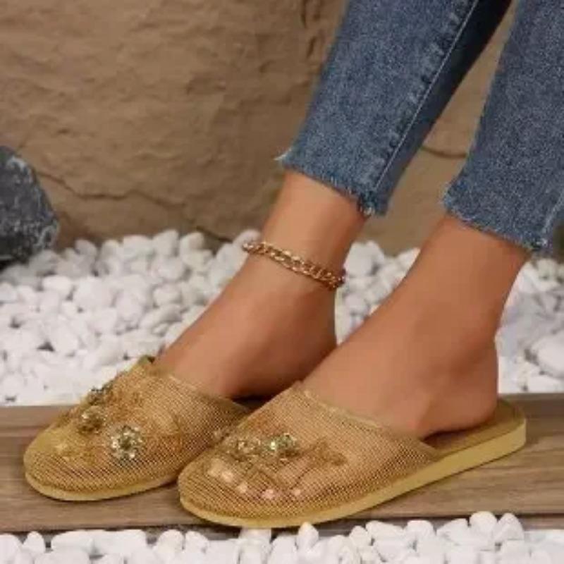 Chaussures pour femmes à bout fermé, pantoufles pour femmes, maille respirante, maille quotidienne, sandales plates à fleurs pour femmes avec sandales d'extérieur pour femmes