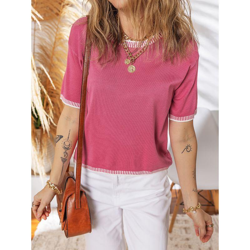 American Shiying Color Matching round Neck Short sleeve knit Women 2025 Summer New All-Match Three-Quarter Sleeve Top Women