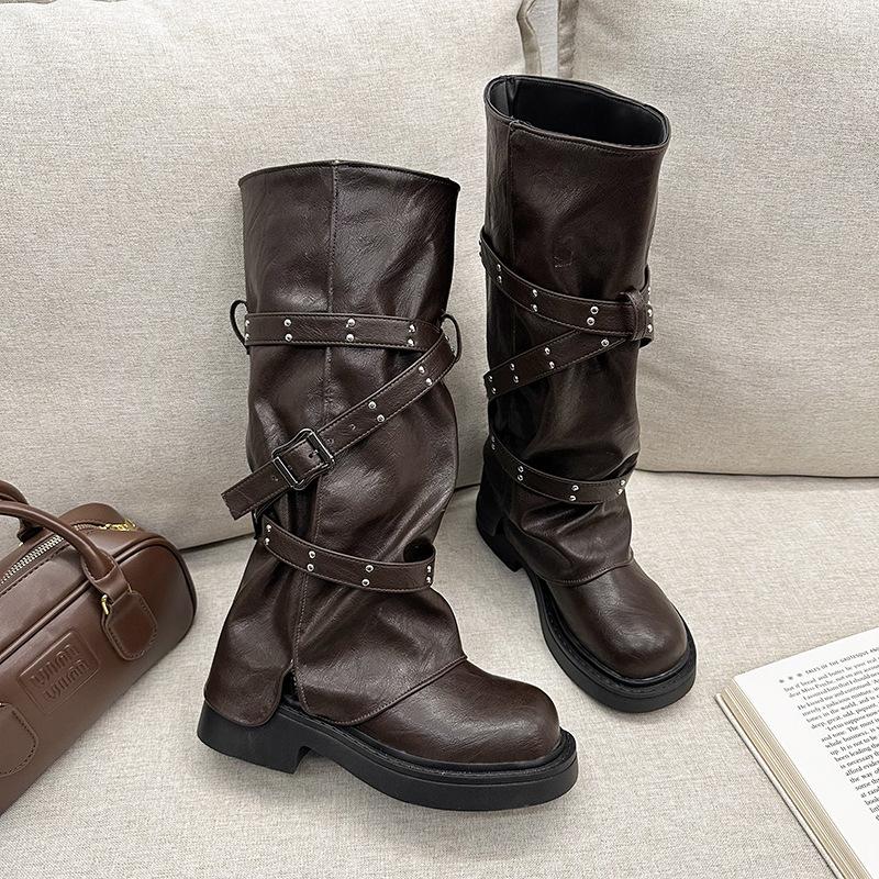 

Maillard trouser boots 2025 new retro round head niche design medium boots comfortable fashion boots 40 коричневый