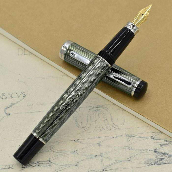 Xezo Incognito Diamond Cut Serial Medium Fountain Pen, Zinc Slate Lacquer. Platinum Plated. Zinc Green.
