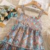 Vacation-Style Floral Print Suspender Dress Summer Girls' Clothing Backless Dress Waist-Cinching Beach Dress