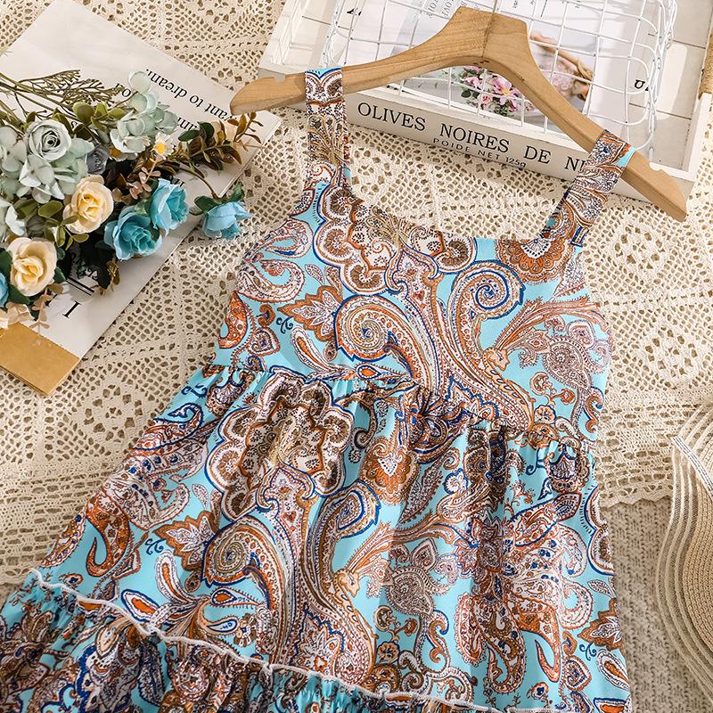 Vacation-Style Floral Print Suspender Dress Summer Girls' Clothing Backless Dress Waist-Cinching Beach Dress