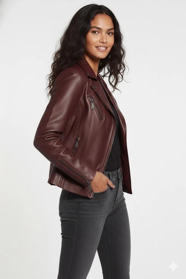 Handmade Soft Stylish Women's Biker Burgundy Lambskin Leather Motorcycle Jacket