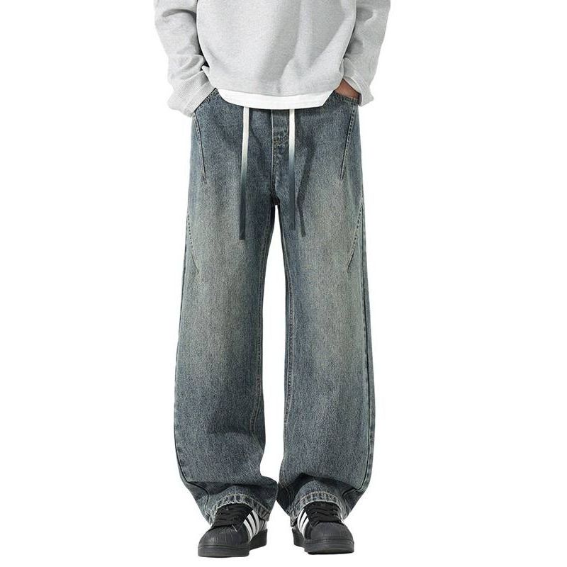 Foreign Trade Surplus American-Style Drawstring Wide-Leg Jeans for Men, Spring Trendy Brand Loose Straight High-Waisted Drapey Floor-Length Pants