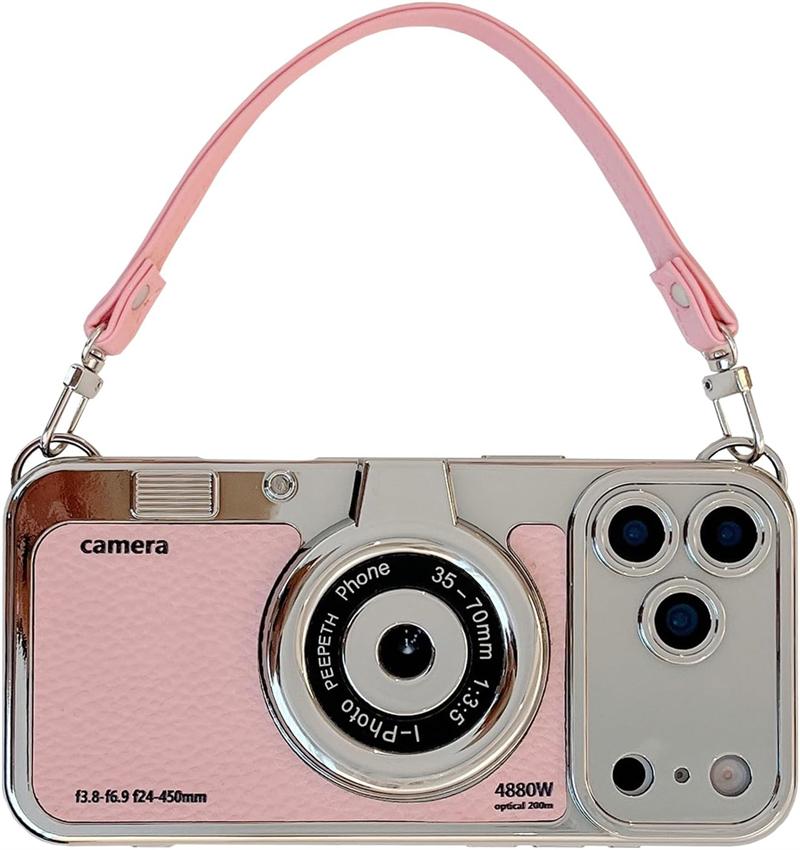 3D Vintage Camera Phone Case with Hand Strap for IPhone Air 17 16 15 14 13 12 Pro Max Plus 17Pro Shockproof Phone Leather Cover