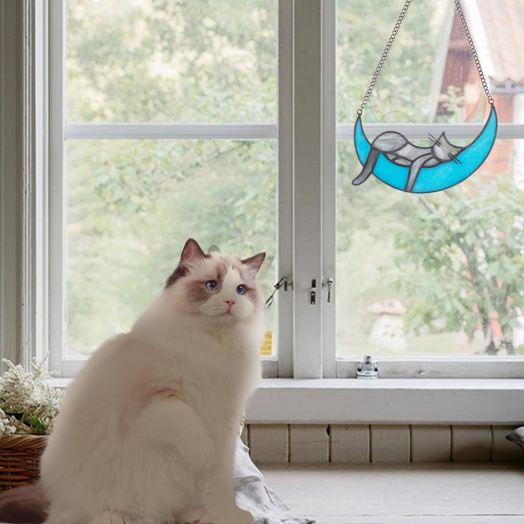 Stain Glass Window Hanging, Grey Cat Decor for Cat Lovers, Handcrafted Cat Suncatcher Stained Glass Window Panel, Cat Loss Sympathy Gift for Window,