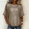 Damen Pailletten Tops Glitzer Blusen Rundhals Kurzarm Hemden