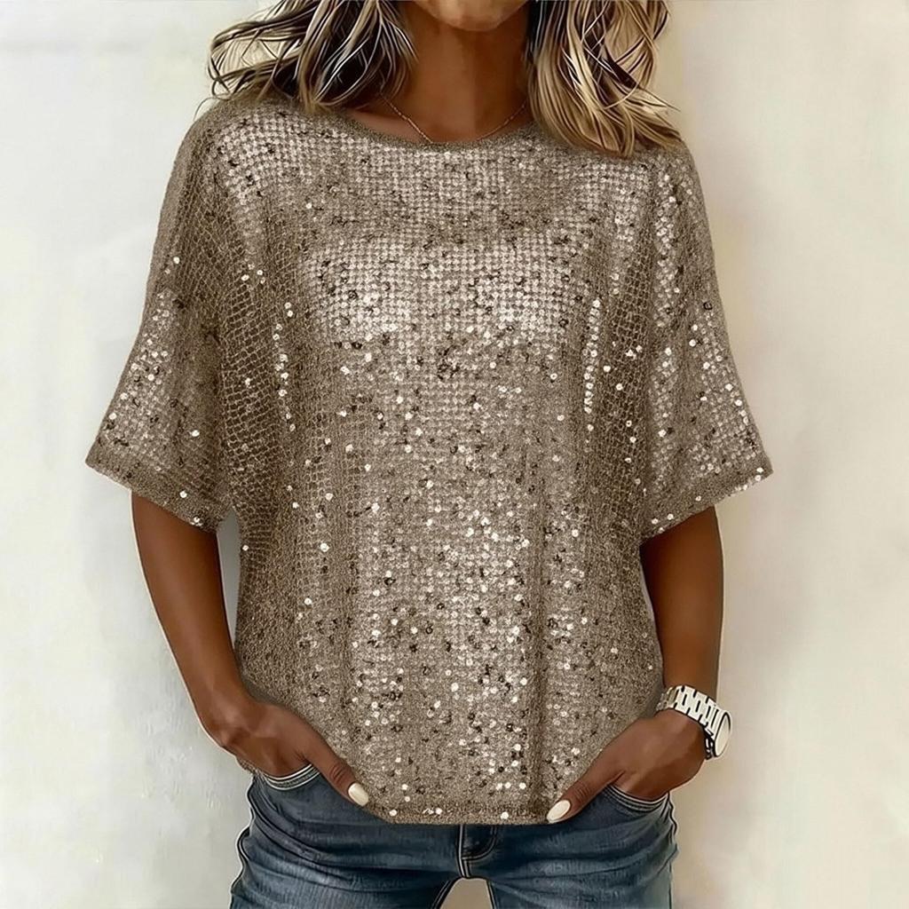 Damen Pailletten Tops Glitzer Blusen Rundhals Kurzarm Hemden