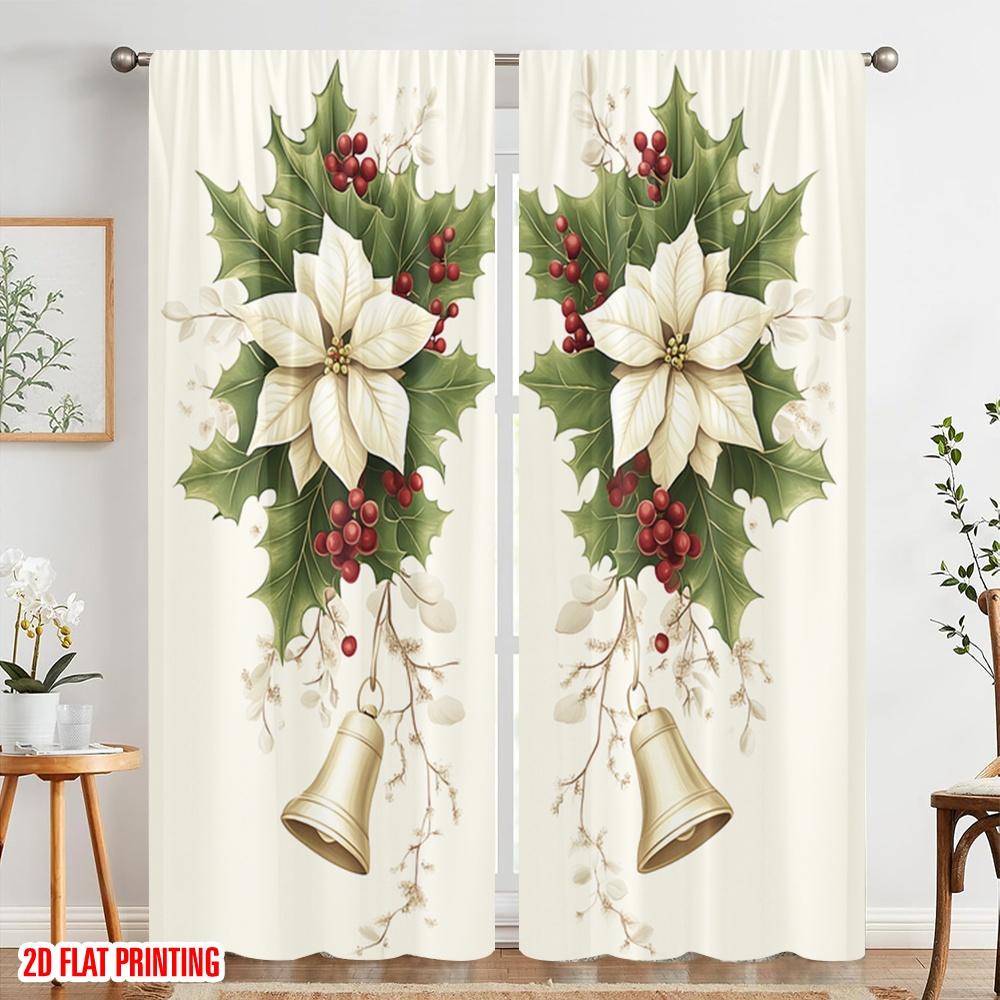 2pcs,2D Plane Printing Light Filtering Curtains Christmas Bells Holly Flowers (2) Versatile Fabric (without Rod) Decorations