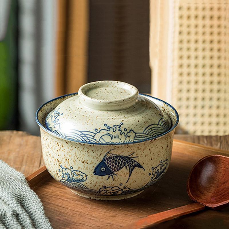 YWDL Japanische Instant-Ramen-Schüssel mit Deckel Retro Keramik Große Kapazität Nudel Salat Suppenschüsseln Haushalt Küchengeschirr