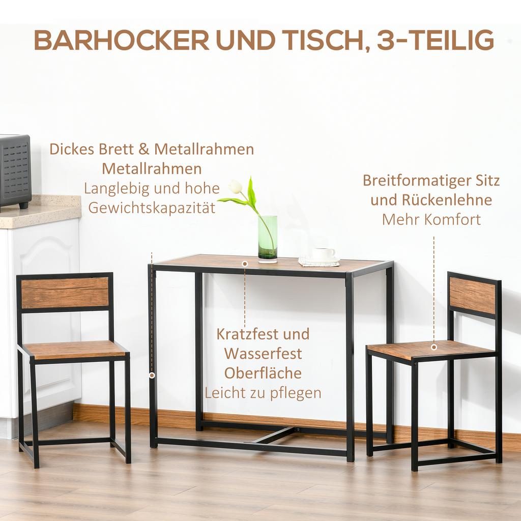 Juego de Mesa y Sillas para Comedor 2, Juegos para Comedor, Mesa Rectangular Ahorra Espacio y 2 Sillas para Cocinas Compactas, Estructura de Acero, Natural