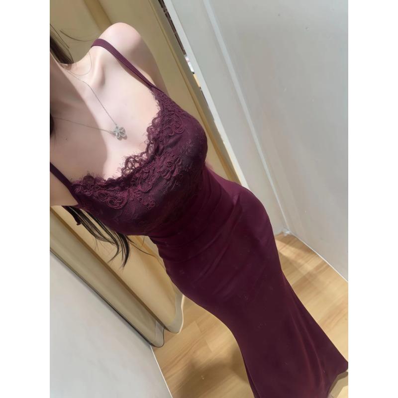 Women's Lace Trim Spaghetti Strap Bodycon Maxi Dress Elegant Slim Evening Party Gown