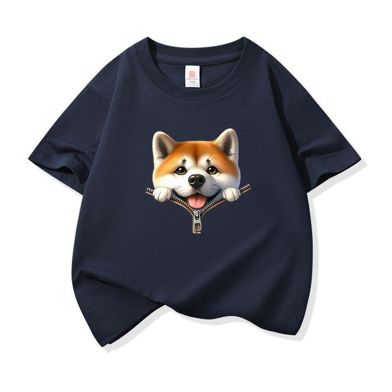 Kids Pure Cotton T Shirt Adorable Dog Zipper Print Crew Neck Short Sleeve Tee Casual Breathable Boys Girls Summer Tops