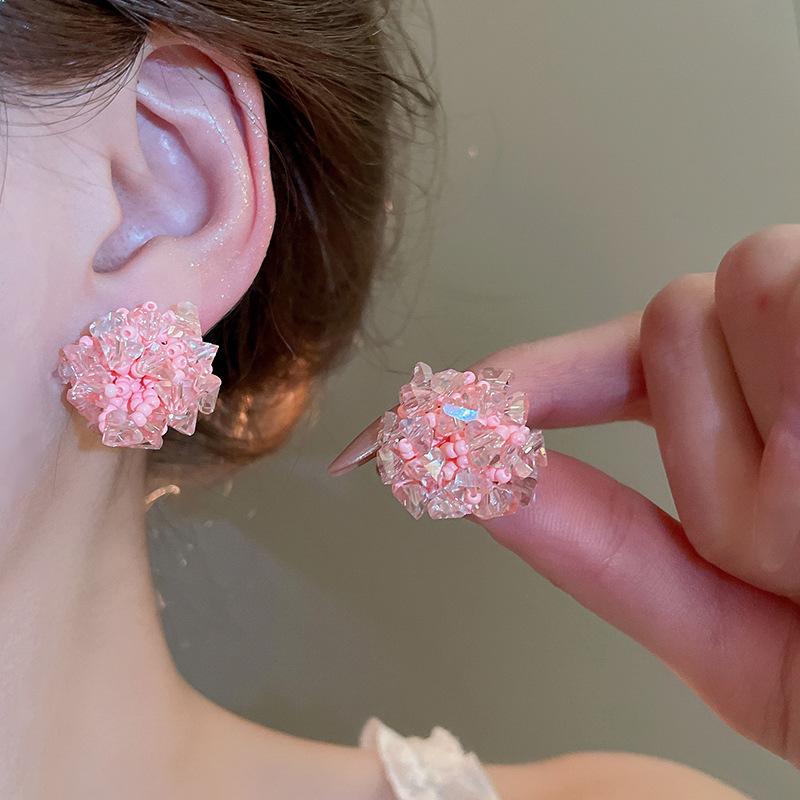 Silver Needle Flower Mesh Fringed Stud Earrings Fresh and Sweet Seaside Vacation Style Earrings Fashionable Versatile Atmosphere Earrings