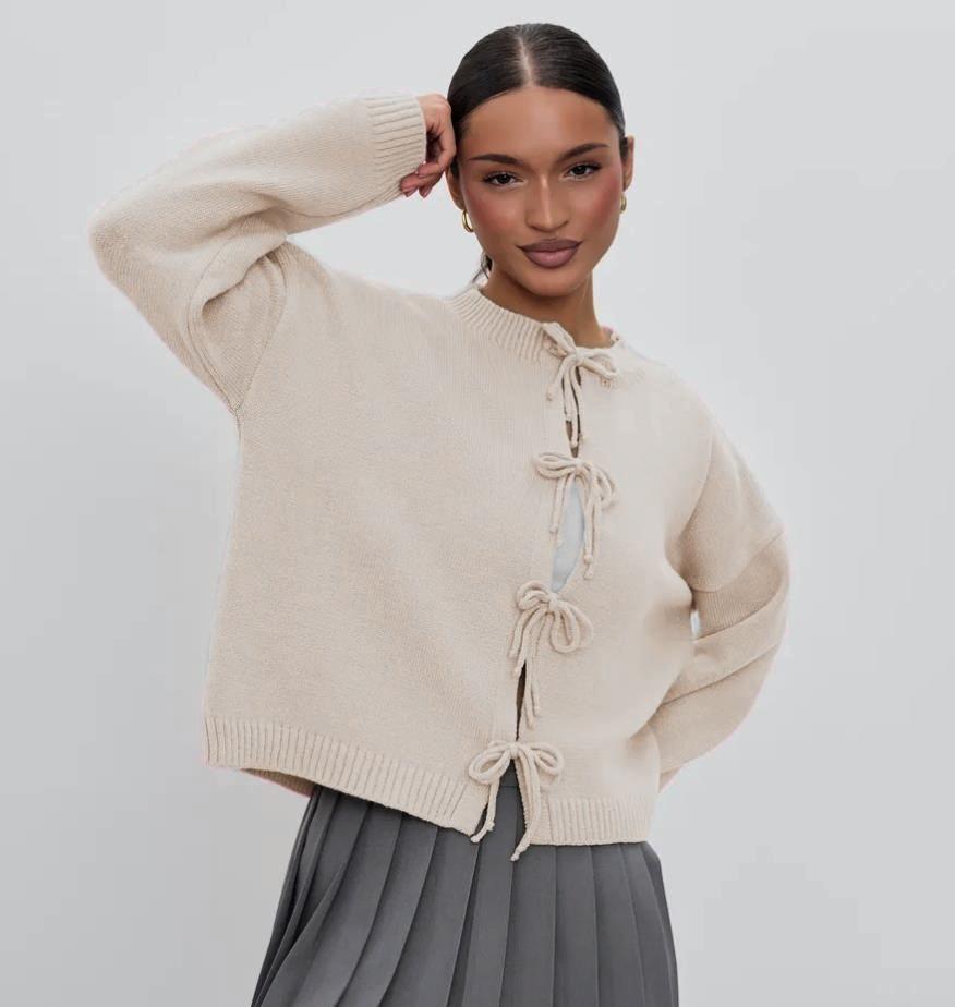 European and American 2026 Autumn/Winter European and American Autumn Casual Loose Cardigan Tie Solid Color Knit Sweater for Women