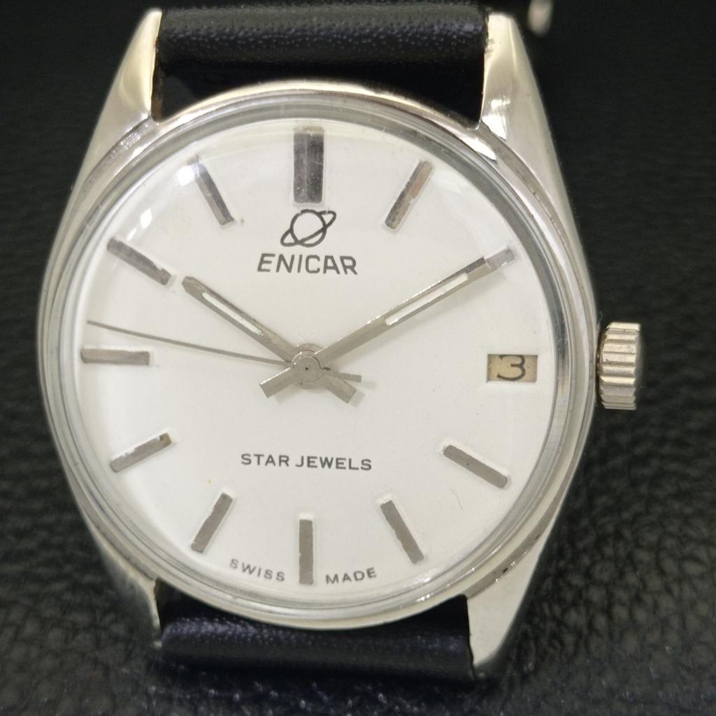 VINTAGE ENICAR STAR JEWELS HAND-WINDING SWISS MENS WHITE DIAL WATCH A702036-5 R208-a702036