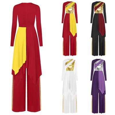 Womens Worship Performance Dress Metallic Color Block Asymmetrical Design Long Sleeve Wide Leg Pants Lyrical Costume